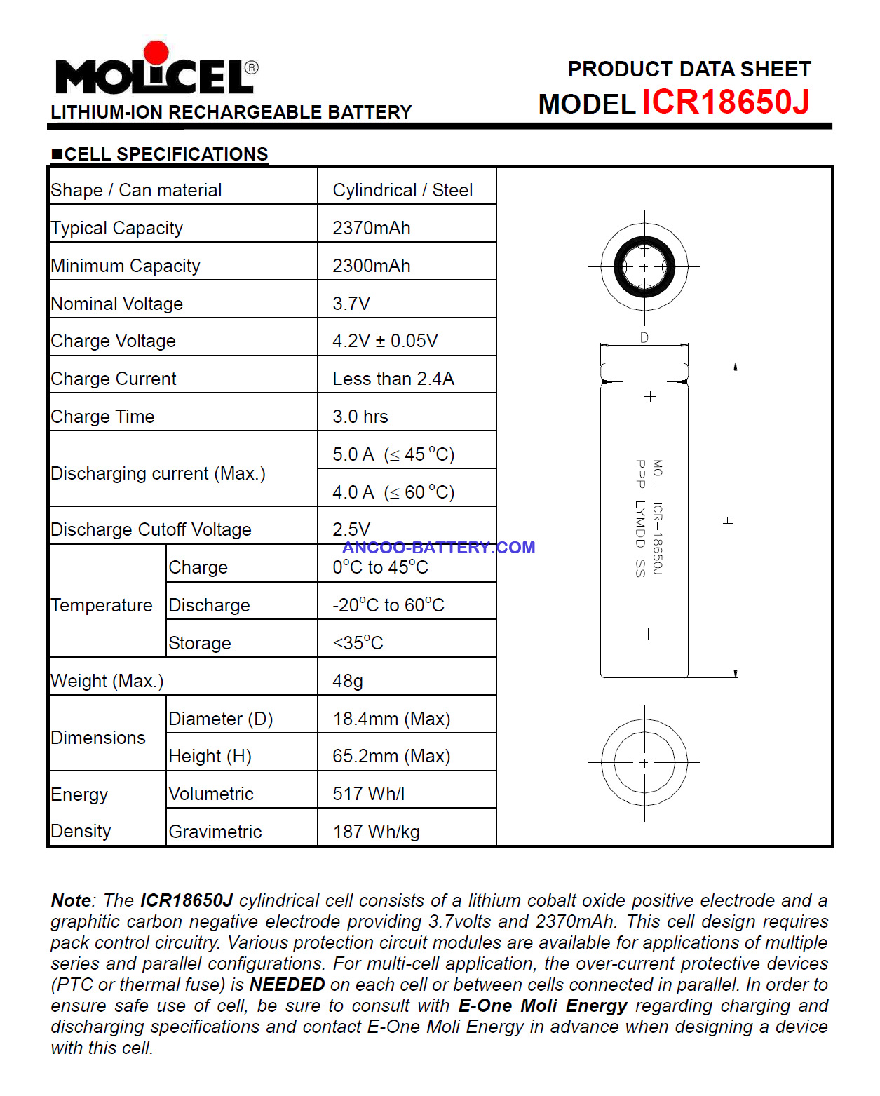 MOLICEL ICR-18650J 2.4Ah 3.7V Lithium-ion Battery